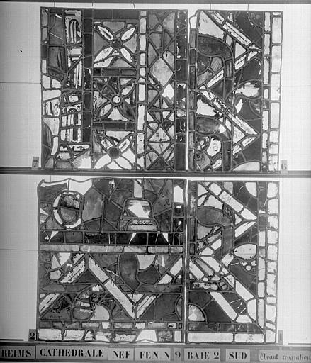 Vitrail, nef, fenêtre 9, au sud, baie 2, panneaux 1, 2, 6, 7