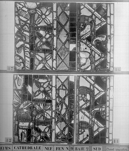 Vitrail, nef, fenêtre 9, au sud, baie 2, panneaux 11, 12, 16, 17