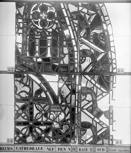 Vitrail, nef, fenêtre 9, au sud, baie 2, panneaux 51, 52, 56, 57