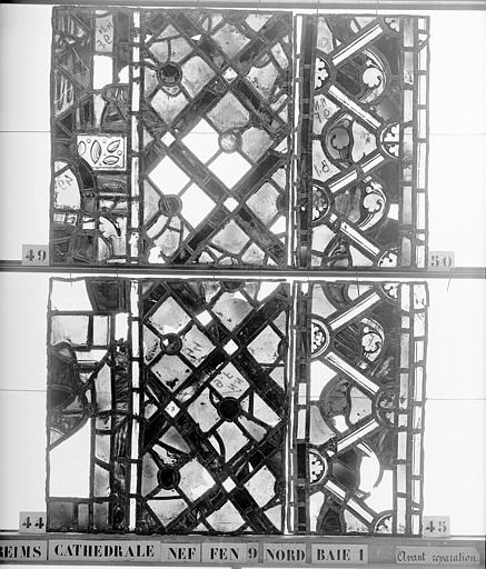 Vitrail, nef, fenêtre 9, au nord, baie 1, panneaux 44, 45, 49, 50