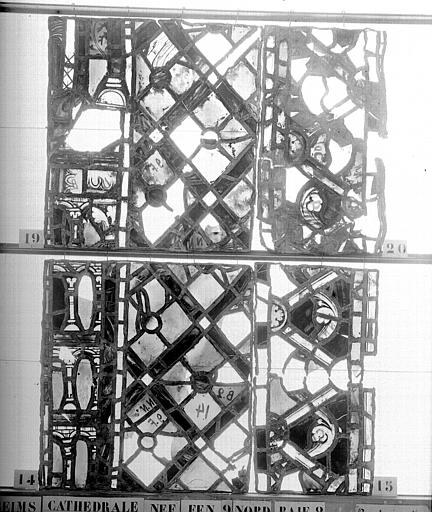 Vitrail, nef, fenêtre 9, au nord, baie 2, panneaux 14, 15,19, 20