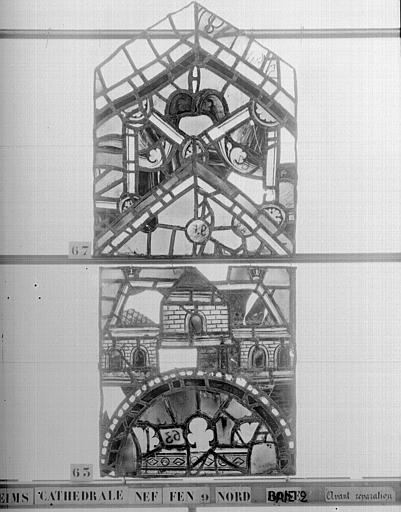 Vitrail, nef, fenêtre 9, au nord, baie 2, panneaux 63, 67