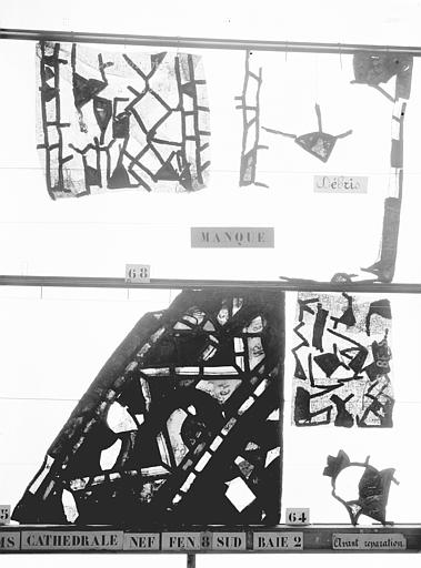 Vitrail, nef, fenêtre 8, au sud, baie 2, panneaux 64, 65, 68, débris