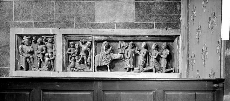 Bas-relief provenant d'un retable : Massacre des saints Innocents, Fuite en Egypte et donateur