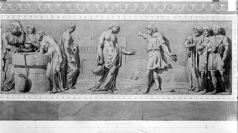 Dessin aquarellé : décor mural, scène mythologique