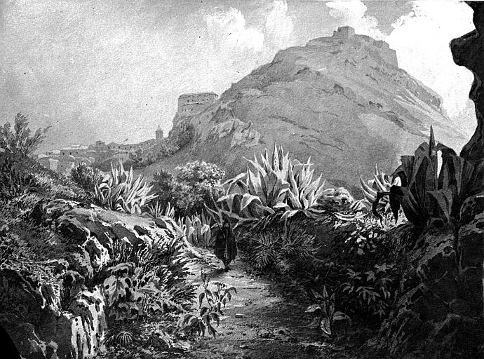 Dessin à la plume : paysage, village et château