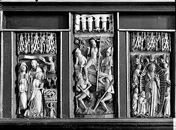 Bas-relief en albâtre anglais : Nativité, Résurrection, Assomption