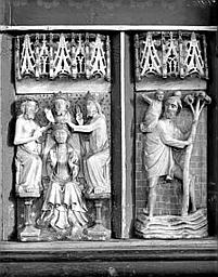 Bas-relief en albâtre anglais : Couronnement de la Vierge et saint Christophe