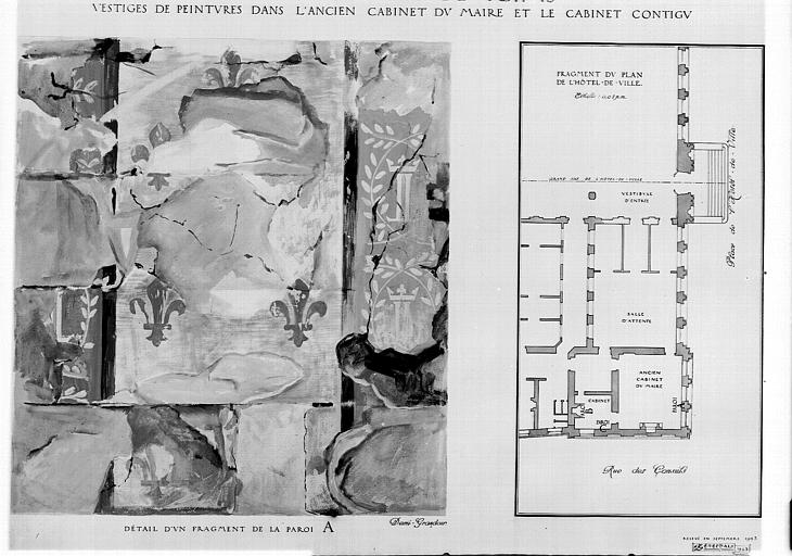 Relevé, cabinet du maire et cabinet contigu, vestiges de peintures murales