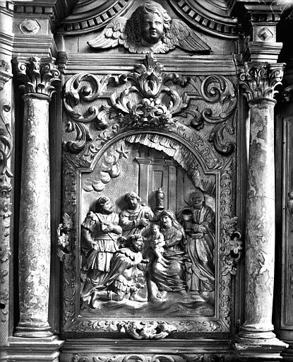 Retable, détail. Retable du maître-autel, panneau sculpté de droite : L'Adoration des Mages