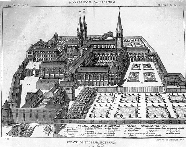 Gravure, vue cavalière de l'abbaye