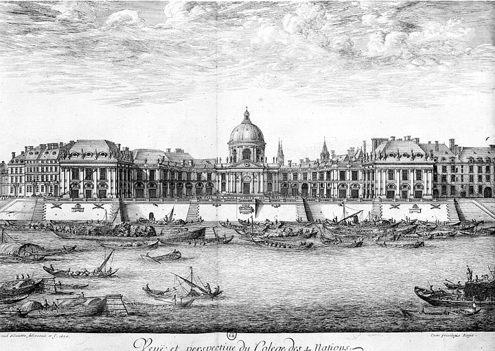 Collège universitaire dit Collège des Quatre-Nations, actuellement palais de l'Institut de France, Paris. Gravure : vue et perspective depuis la rive opposée de la Seine