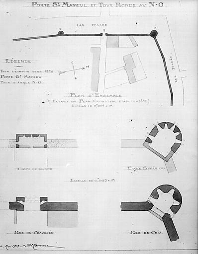 Porte Saint-Mayeul, tour ronde, relevé d'H. Moreau