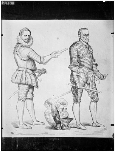 Illustration de livre : militaires en armure d'époque Henri III ou Henri IV