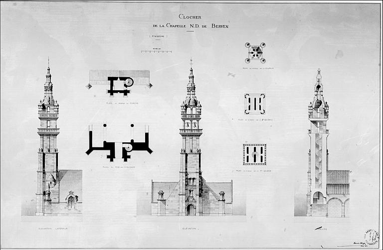 Clocher : Elévations côté sud et côté ouest, plans au rez-de-chaussée, au-dessus du porche, et au niveau des 1ère et deuxième galeries, coupe