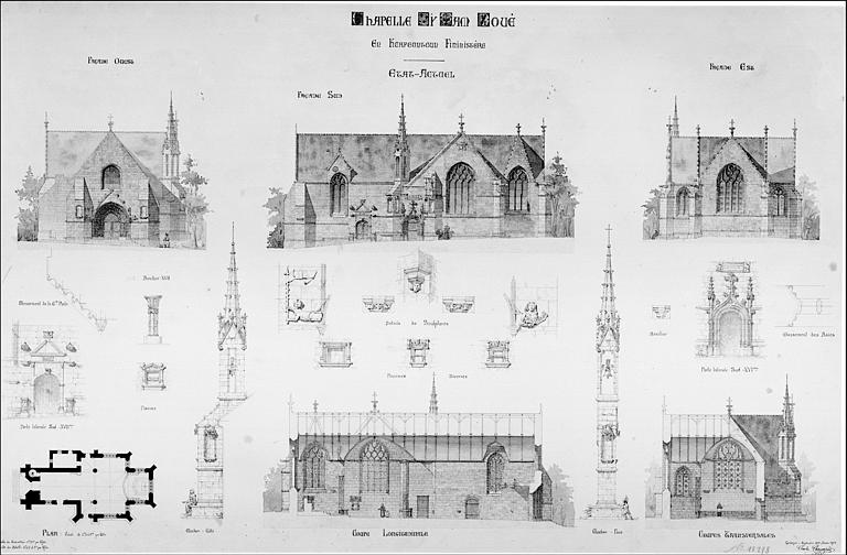 Elévations des façade ouest, sud et est. Plan général. Coupes longitudinale et transversale. Détails : Porte latérale sud, bénitier, piscine, sculptures (état actuel)