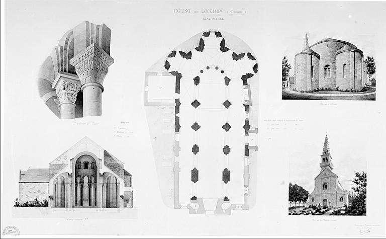 Plan d'ensemble, élévation de l'abside, coupe transversale, vues perspectives de la façade ouest, détails des chapiteaux du choeur (état actuel)