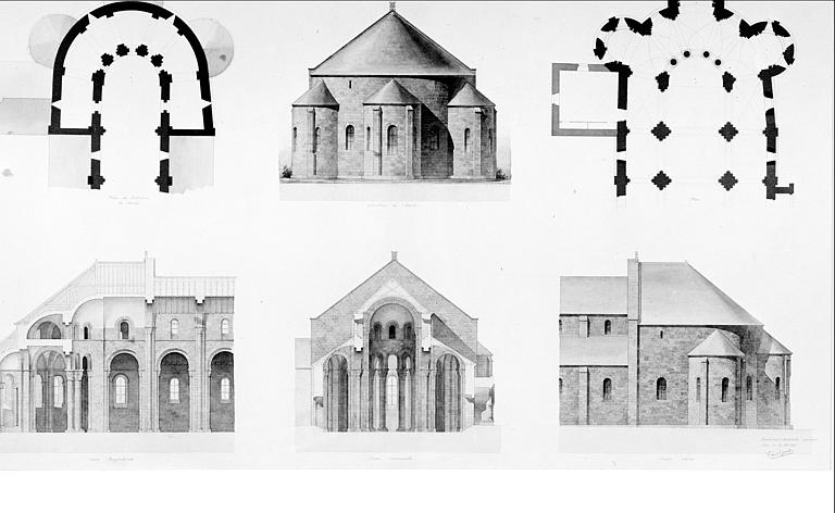 Plan du triforium de l'abside et plan du choeur. Elévations de la façade latérale et de l'abside. Coupes transversale et longitudinale (projet de restauration)