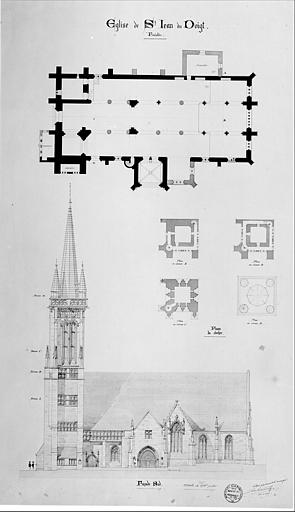 Plan général, plans du clocher et élévation de la façade sud