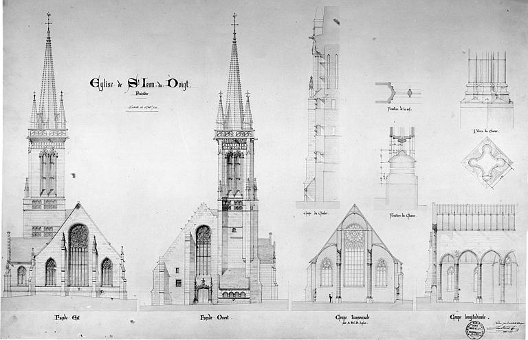 Elévations des façades est et ouest, coupes longitudinale et transversale, détails de piles