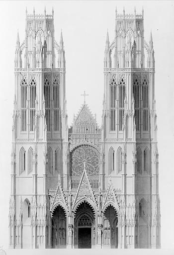 Reconstruction de la façade ouest : Elévation de la façade. Projet avec tours obliques élevées