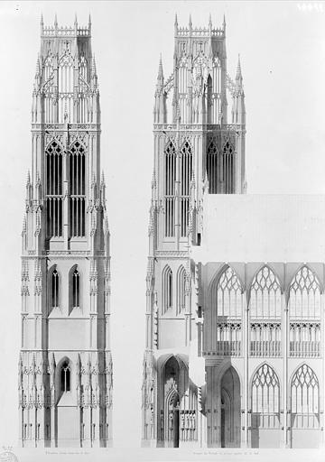 Reconstruction de la façade ouest : Elévation d'une tour vue de face, pour un projet avec tours obliques. Coupe sur le portail et les premières travées de la nef