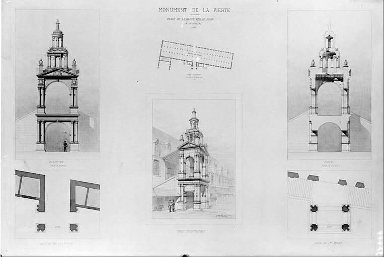 Plan de la Halle aux Toiles et de la Fierté Saint-Romain : Vue perspective, élévation, coupe, plans du rez-de-chaussée et du premier étage de la Fierté