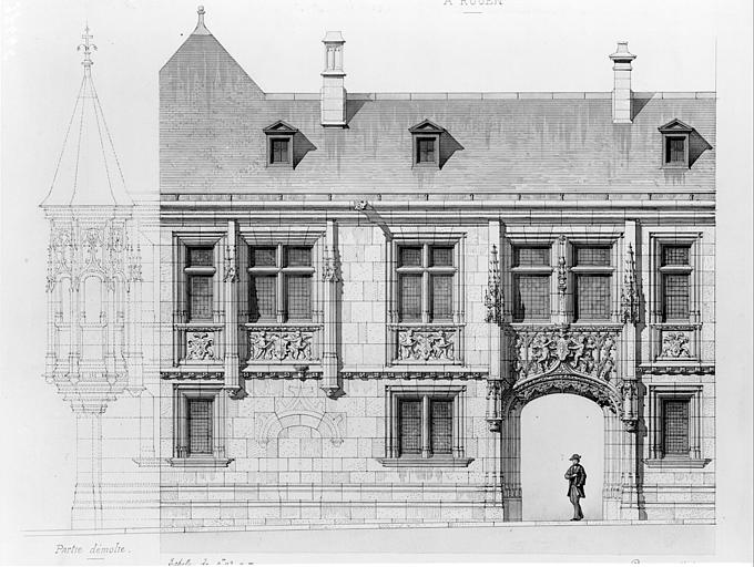 Elévation de la façade extérieure avec restitution de la tourelle d'angle démolie (projet de restauration)