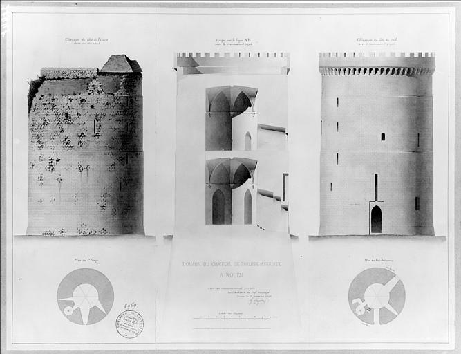 Elévation ouest (état actuel). Elévation sud et élévation-coupe avec projet de couronnement. Plan du rez-de-chaussée. Plan du premier étage