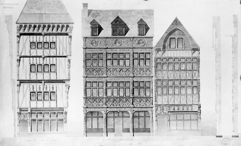 Façades Renaissance : Elévation et coupe de la façade du logis des Caradas, rue de la Tuile, de la façade sur la rue du Gros-Horloge et de la façade au 90-92 rue Malpalu