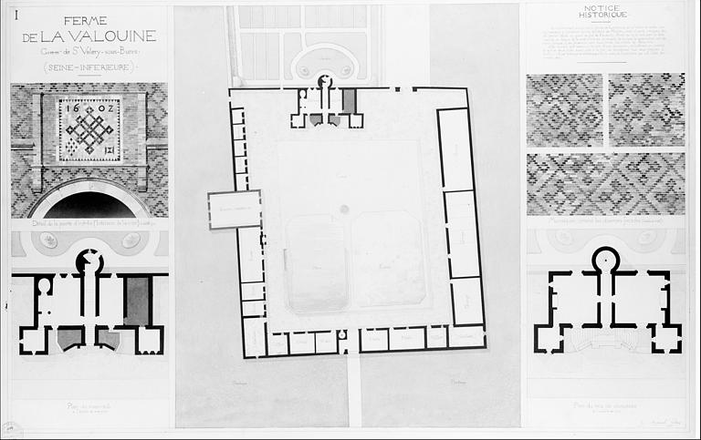 Plan d'ensemble. Maison d'habitation : Plan du sous-sol, plan du rez-de-chaussée. Détail du revers de la porte d'entrée principale. Trois détails d'imbrications ornant les façades