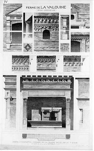 Elévation, plan et vue latérale de la cheminée de la grande salle. Vue latérale d'une cheminée au premier étage. Détails des corniches et des imbrications de la maison d'habitation. Détails de la cheminée de la grande salle