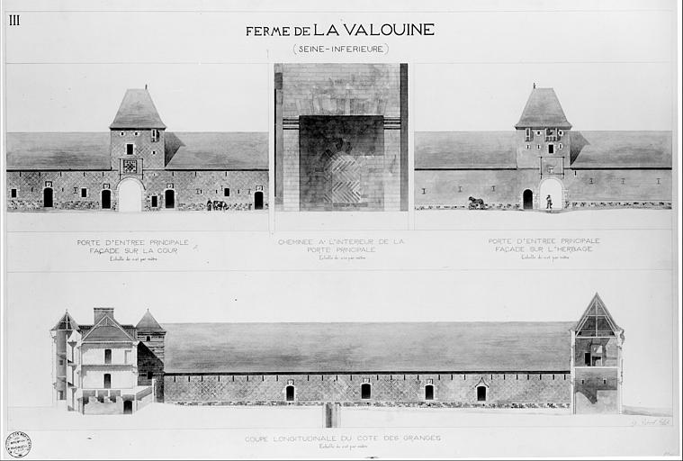 Elévations intérieure et extérieure de la porte d'entrée principale. Coupe longitudinale de la maison d'habitation et des communs, vers les granges. Elévation de la cheminée, à l'intérieur de la porte principale