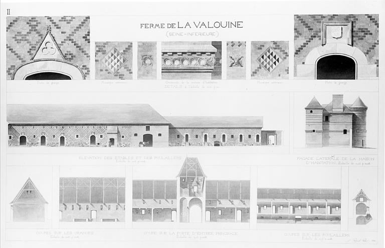 Elévation latérale des étables et des poulaillers. Elévation latérale de la maison d'habitation. Coupes longitudinales sur la porte d'entrée principale, les granges, les poulaillers. Coupes transversales sur les granges, les poulaillers. Détails des porte