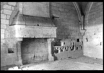 Vieux Château. Salle des Gardes de la Tour Neuve ou tour Louis XI : Vue intérieure vers la cheminée et les reliefs