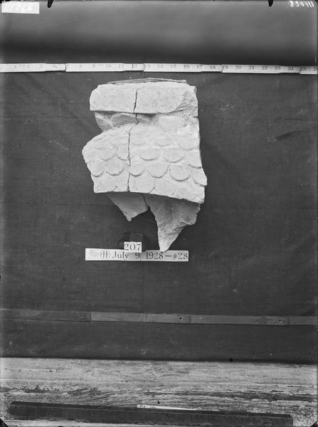 Fouille de Cluny, fragment de sculpture, tête de riche, fragment  du linteau du portail (207 A 6)