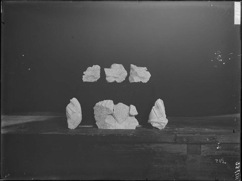 Fouille de Cluny, fragment de sculpture, portail, losanges et  colonnettes au quart de leur dimension