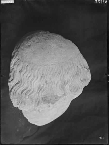 Fouille de Cluny, fragment de sculpture, tête trouvée près du  portail sud de la façade (3018)