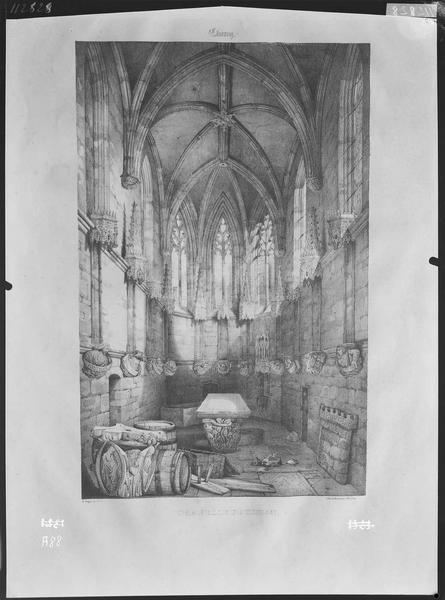 Fouille de Cluny, lithographie, chapelle des Bourbons servant de  musée