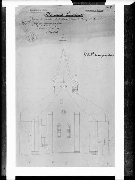 Plan, vue de la façade, côté sud-est