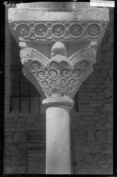 Entrelacs et inscription, chapiteau du cloître