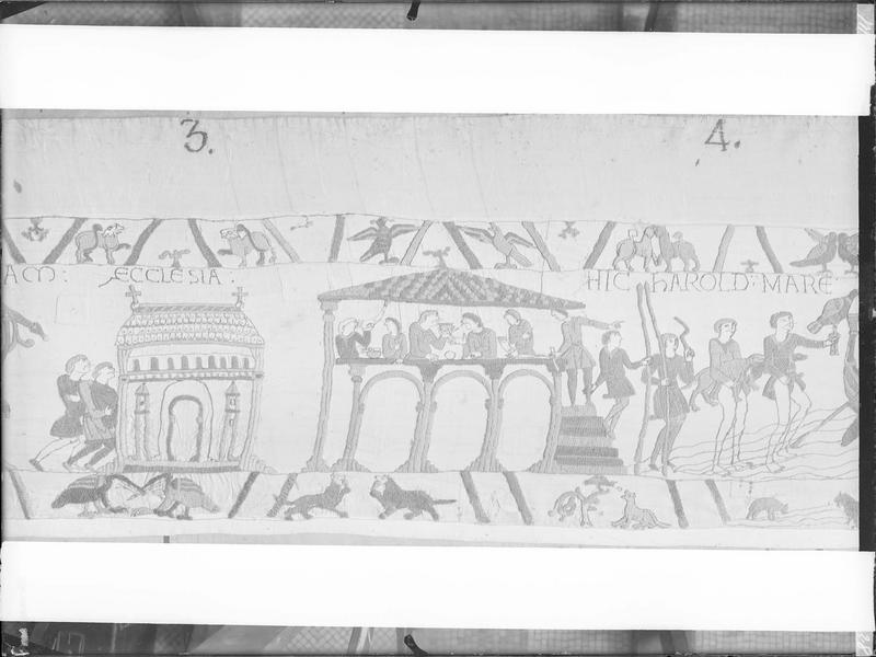 Tapisserie de Bayeux : Harold et son écuyer entre dans une église