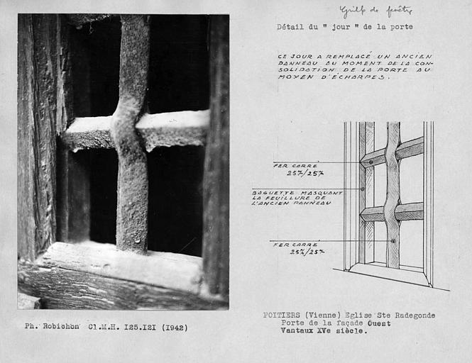 Grille de fenêtre, détail du jour du vantail de la porte de la façade