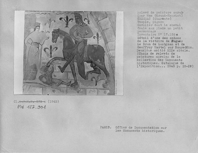 Relevé de peinture murale du pignon : cavalier dont le cheval foule aux pieds un petit personnage