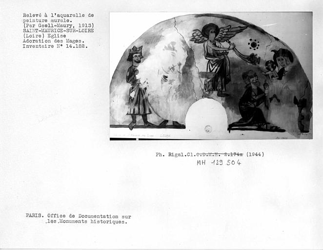 Relevé de prélevé de peinture murale de la chapelle Saint-Michel : scènes de la Vie de Saint-Michel ; Relevé de peinture murale : Adoration des mages