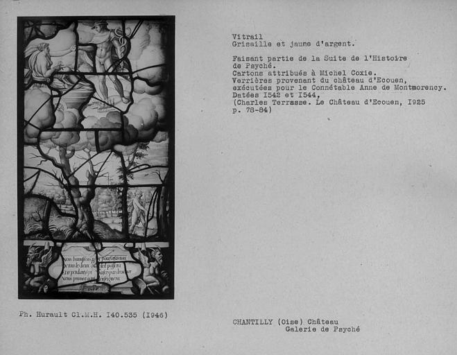 Vitrail en grisaille et jaune d'argent dans la galerie de Psyché : Histoire de Psyché