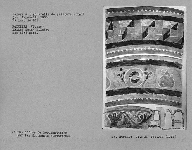 Relevé de peinture murale de la dernière travée de la nef, frise des grandes arcades