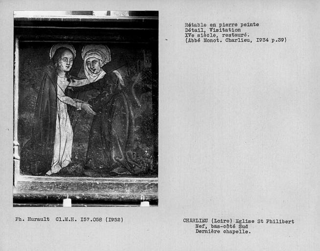 Détail du retable en pierre peinte du bas-côté sud de la dernière chapelle de la nef : Visitation