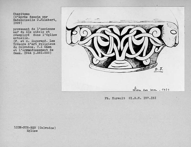 Dessin du chapiteau de l'ancienne nef du XIe siècle, remployé dans l'église actuelle