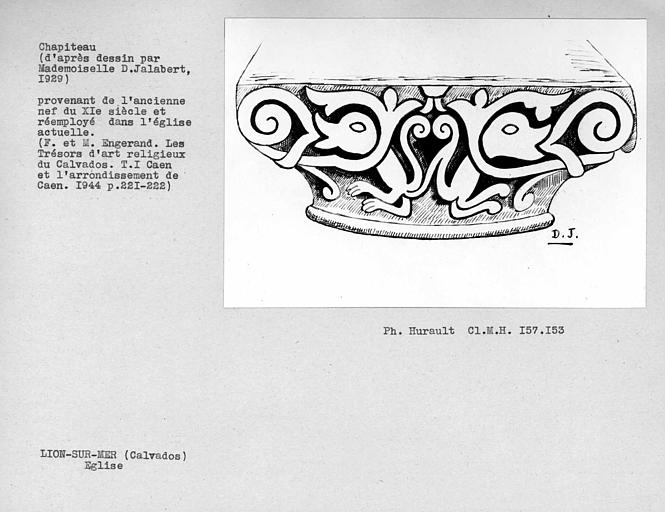 Dessin du chapiteau de l'ancienne nef du XIe siècle, remployé dans l'église actuelle